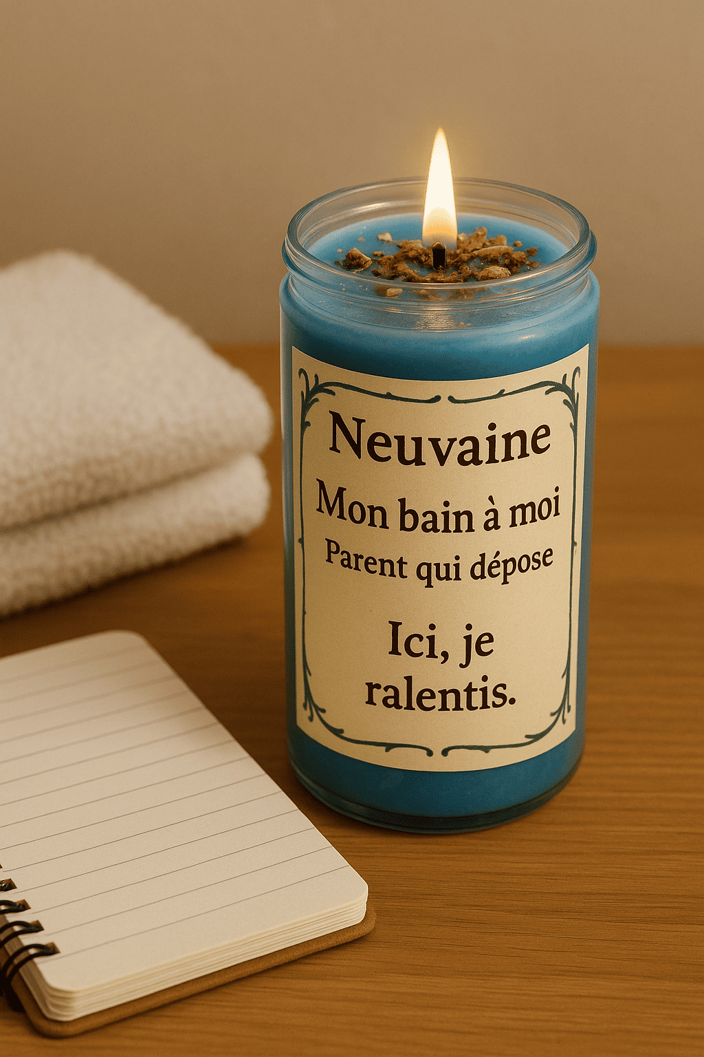 rituel bain du soir — carnet, serviette et bougie allumée