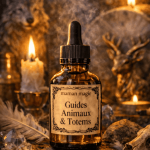 flacon d’huile guides animaux et totems maman magie sur autel ésotérique