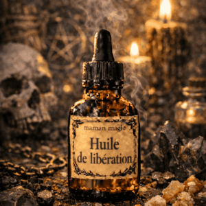 huile de libération hoodoo maman magie flacon compte-gouttes sur autel ésotérique