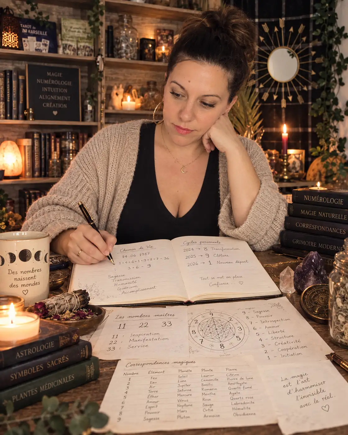 Marie travaillant sur ses recherches en magie et en numérologie